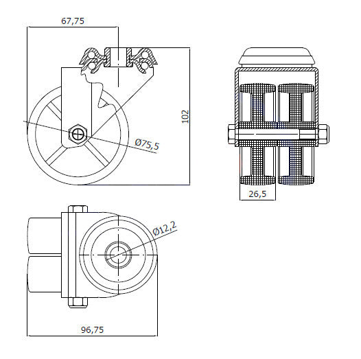 Koło meblowe typu tandem 75 mm w obudowie skrętnej z otworem M77B2, rysunek techniczny