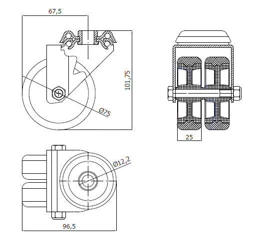 Koło meblowe typu tandem 75 mm w obudowie skrętnej z otworem M77T2, rysunek techniczny