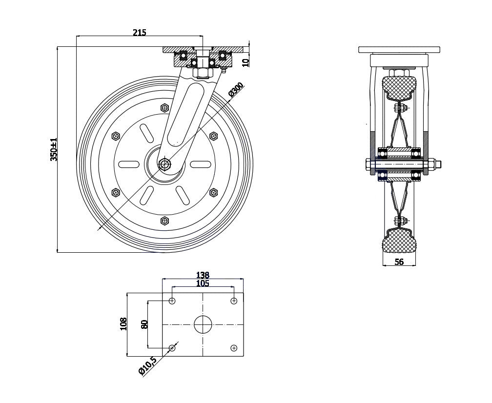 Koło metalowo-gumowe 300 mm w obudowie skrętnej 1002MŁD, rysunek techniczny z wymiarami