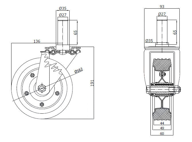 Koło metalowo-gumowe 160 mm w obudowie z trzpieniem ø27x65 44N*27, rysunek techniczny z wymiarami