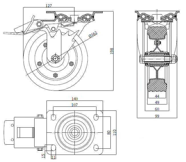 Koło metalowo-gumowe 160 mm w obudowie skrętnej z hamulcem 45NWH, rysunek techniczny z wymiarami