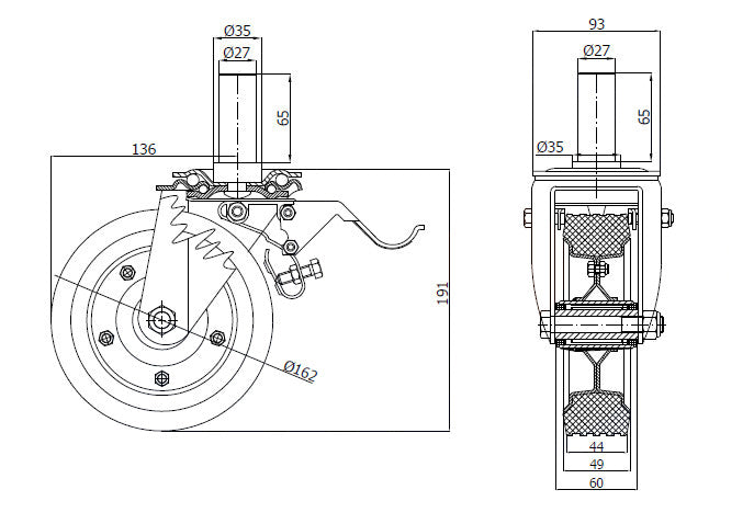 Koło metalowo-gumowe 160 mm w obudowie z trzpieniem ø27x65 i hamulcem 46NH*27, rysunek techniczny