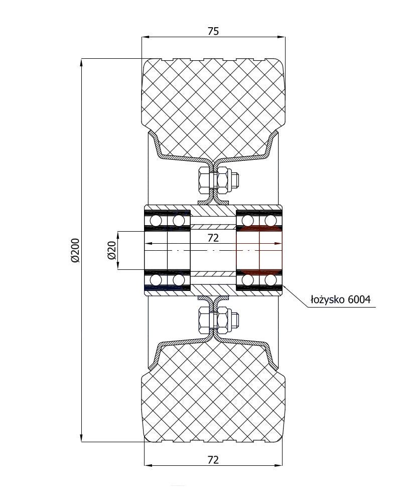 Koło metalowo-gumowe 200 mm otwór 20 mm 60NNŁŁ, rysunek techniczny z wymiarami
