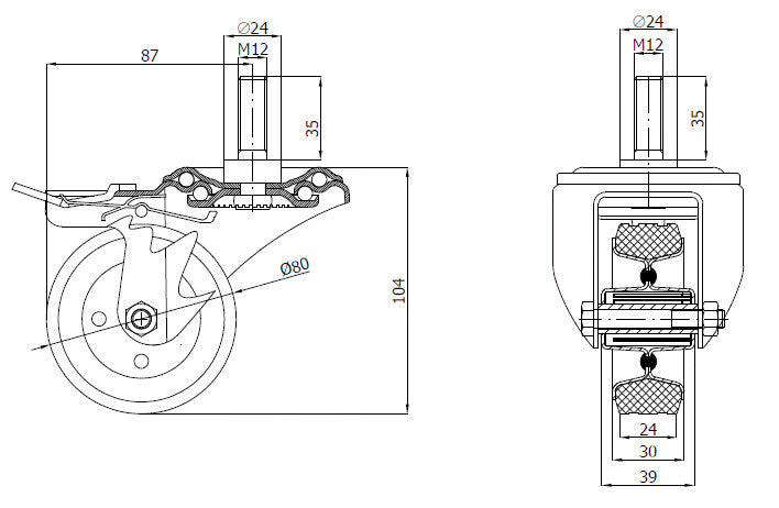 Koło metalowo-gumowe 80 mm w obudowie z trzpieniem M12x35 i hamulcem 7SH*M12, rysunek techniczny