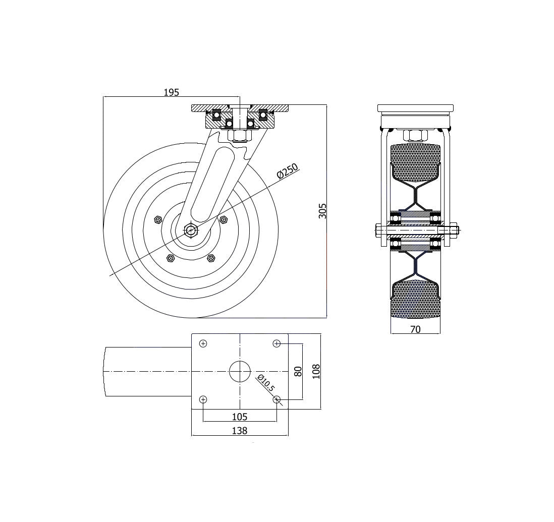 Koło metalowo-gumowe 250 mm w obudowie skrętnej 92NNŁD, rysunek techniczny z wymiarami