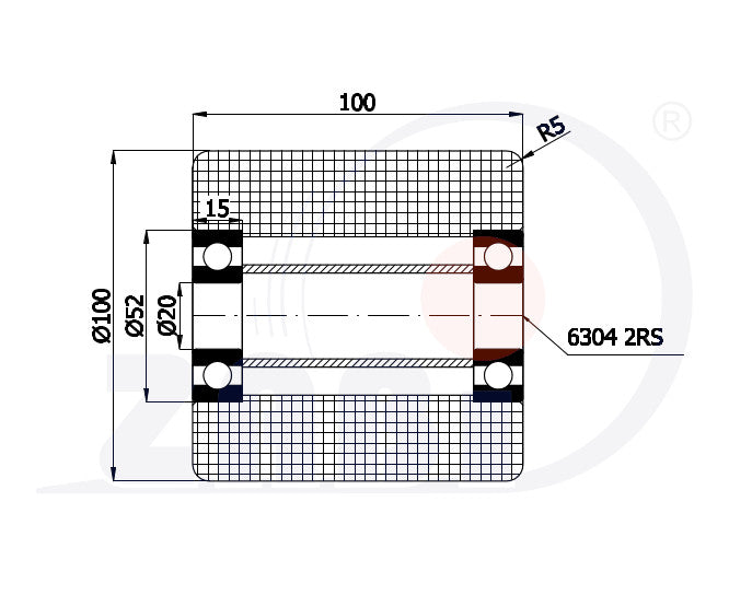 Koło poliamidowe 100x100 do wózka paletowego R-100-100/20, rysunek techniczny z wymiarami