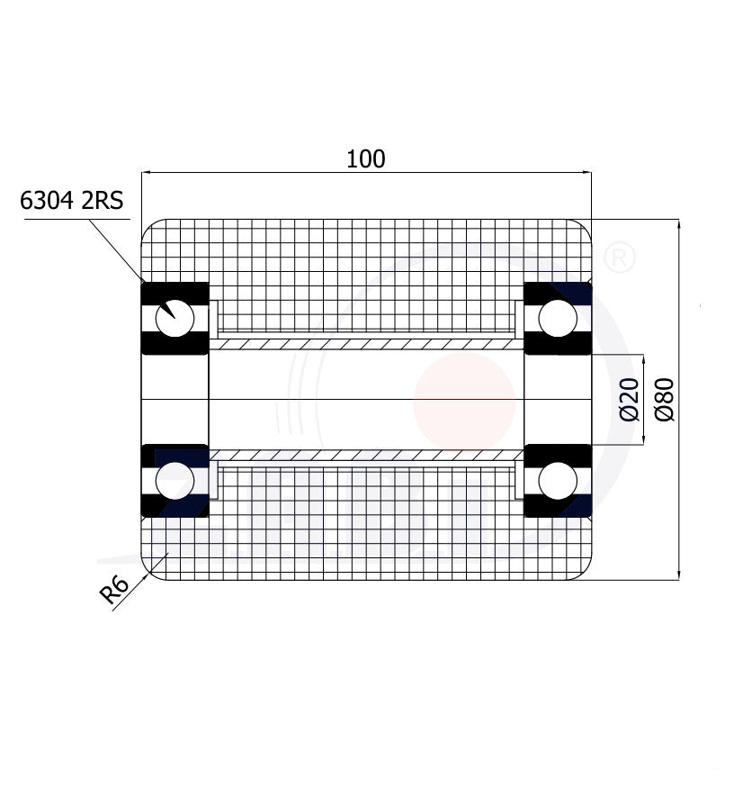 Koło 80x100 mm do wózka paletowego R-80-100-PA6G, rysunek techniczny z wymiarami