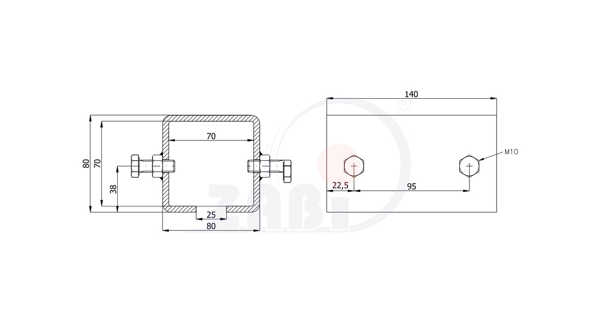 Łącznik profili 70x70 do bramy LP-70/4, rysunek techniczny z wymiarami