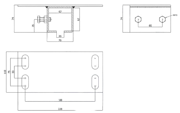 Rysunek techniczny mocowania górnego MG PROF 60x60 z wymiarami montażowymi