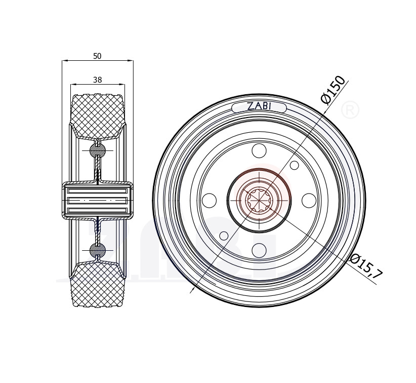 Koło transportowe fi 150mm metalowo gumowe łożysko wałeczkowe otwór 15mm - 70