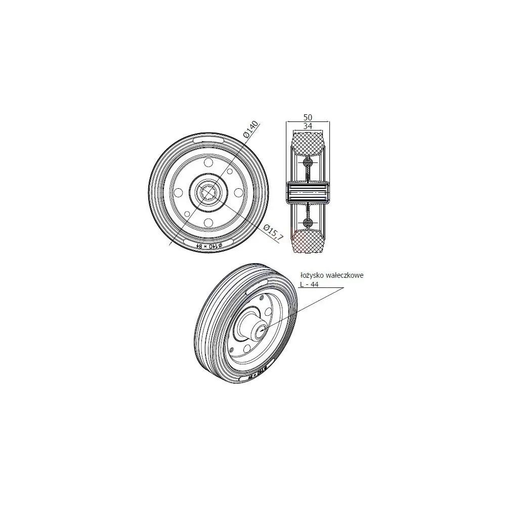 Koło transportowe fi 140mm metalowo gumowe łożysko wałeczkowe otwór 15mm - 30S