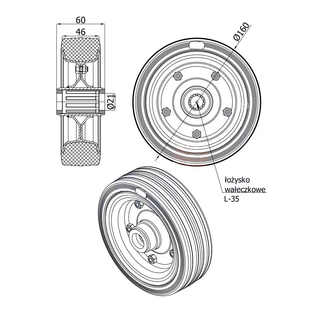 Koło transportowe fi 160mm metalowo gumowe łożysko wałeczkowe otwór 20mm - 40N