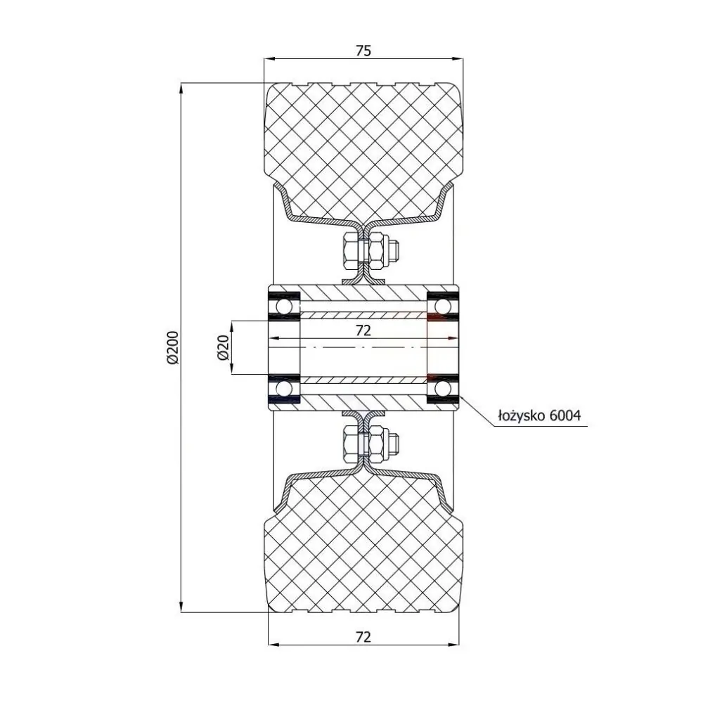 Koło transportowe fi 200mm metalowo gumowe łożysko kulkowe otwór 20mm - 60NNSŁ