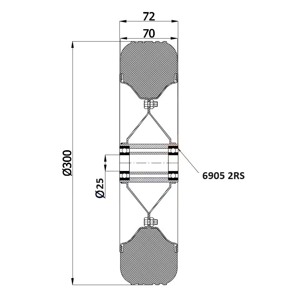 Koło transportowe fi 300mm metalowo gumowe łożysko kulkowe otwór 25mm - 100Ł/25