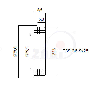 Podkładka poliamidowa 39 mm otwór 25 mm T39-36-9/25, rysunek techniczny z wymiarami