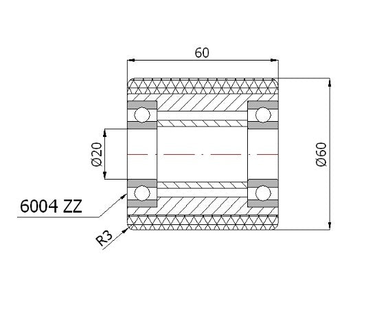 Rysunek techniczny rolki RAP-60-60 z wymiarami i łożyskiem 6004