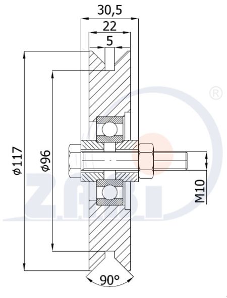 Rysunek techniczny rolki metalowej fi117 RJK-117-22 z wymiarami i bieżnią 90 stopni