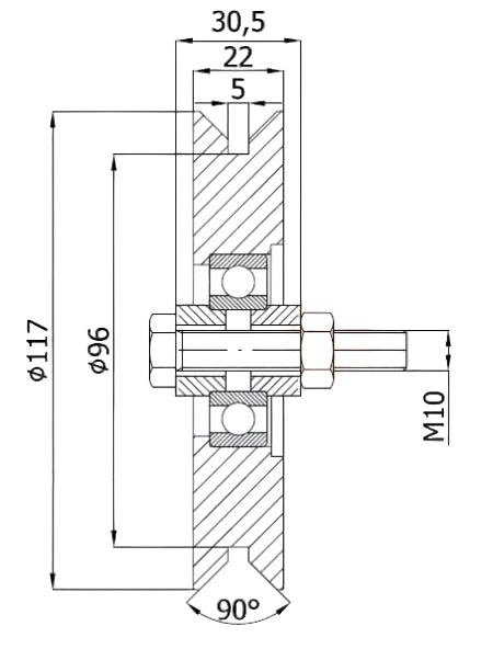 Rysunek techniczny rolki metalowej fi117 RJK-117-22 z wymiarami i bieżnią 90 stopni