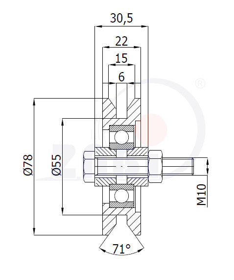 Rysunek techniczny rolki metalowej fi79 RJT-79-22 na teownik