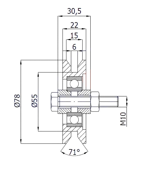 Rysunek techniczny rolki metalowej fi79 RJT-79-22 na teownik