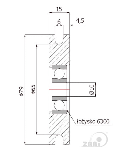 Rolka metalowa CM79/6Ł, rysunek techniczny z wymiarami rolki i łożyska