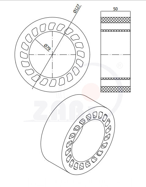 Rolka no crush 127 mm KNC-127-50/79, rysunek techniczny z wymiarami
