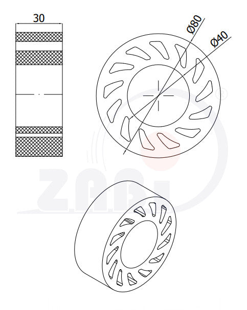Rolka no crush 80 mm KNC-80-30/40, rysunek techniczny z wymiarami