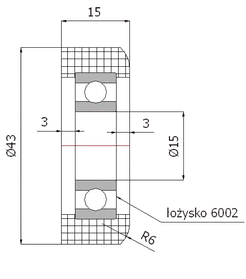 Rolka poliamidowa R-43/15, rysunek techniczny z wymiarami rolki i łożyska