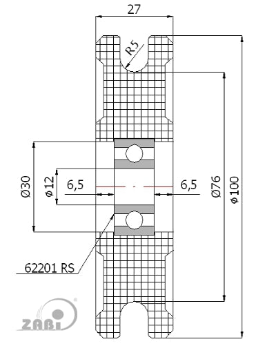 Rolka poliamidowa na linkę ø10 mm 100 mm z łożyskiem C100/10Ł, rysunek techniczny z wymiarami