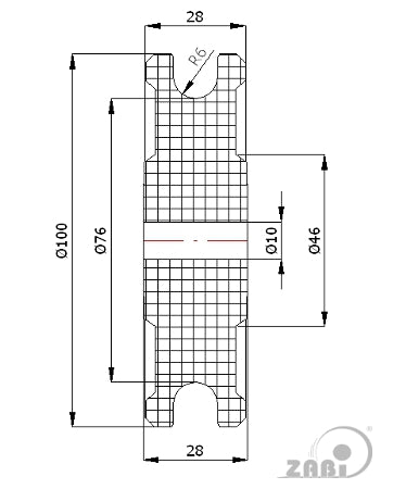 Rolka poliamidowa na linkę ø12 mm 100 mm bez łożysk C100/12, rysunek techniczny z wymiarami