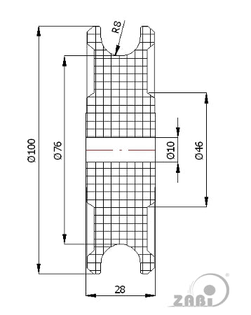 Rolka poliamidowa na linkę ø16 mm 100 mm bez łożysk C100/16, rysunek techniczny z wymiarami