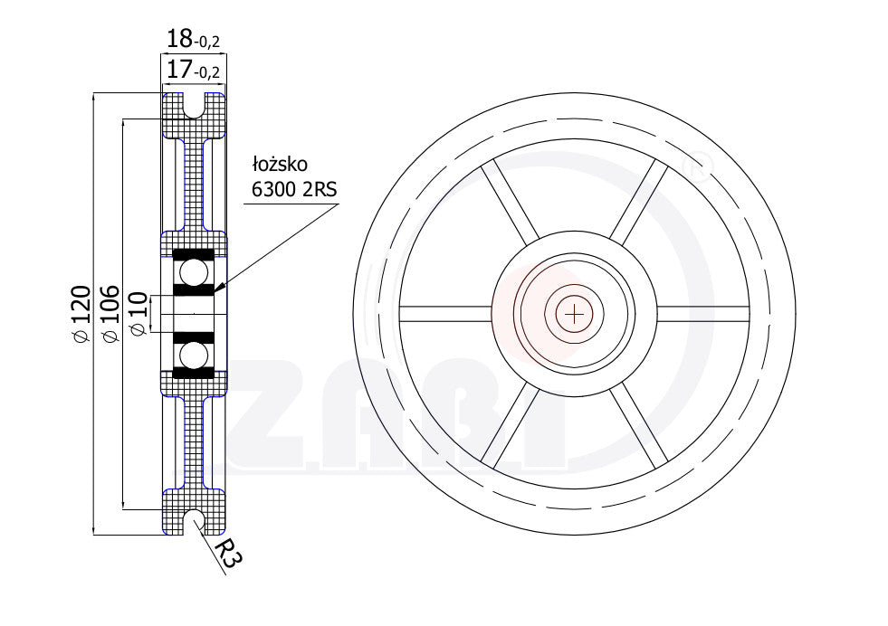 Rolka poliamidowa na linkę ø6 mm 120 mm z łożyskiem C120/6Ł, rysunek techniczny z wymiarami