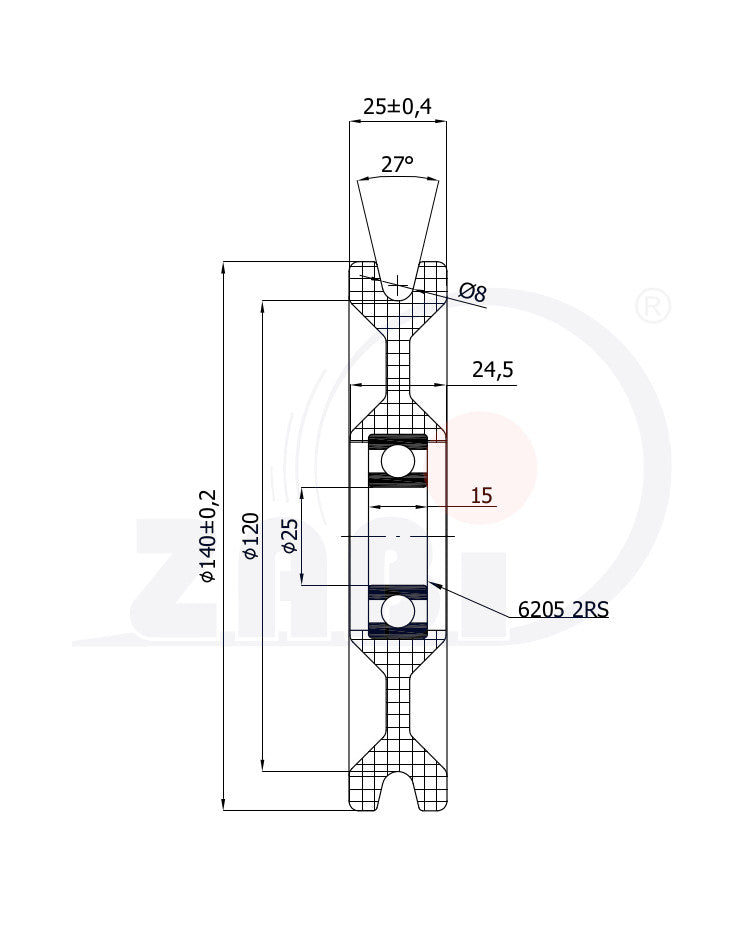 Rolka poliamidowa na linkę ø8 mm 140 mm z łożyskiem C140/8Ł/25, rysunek techniczny z wymiarami