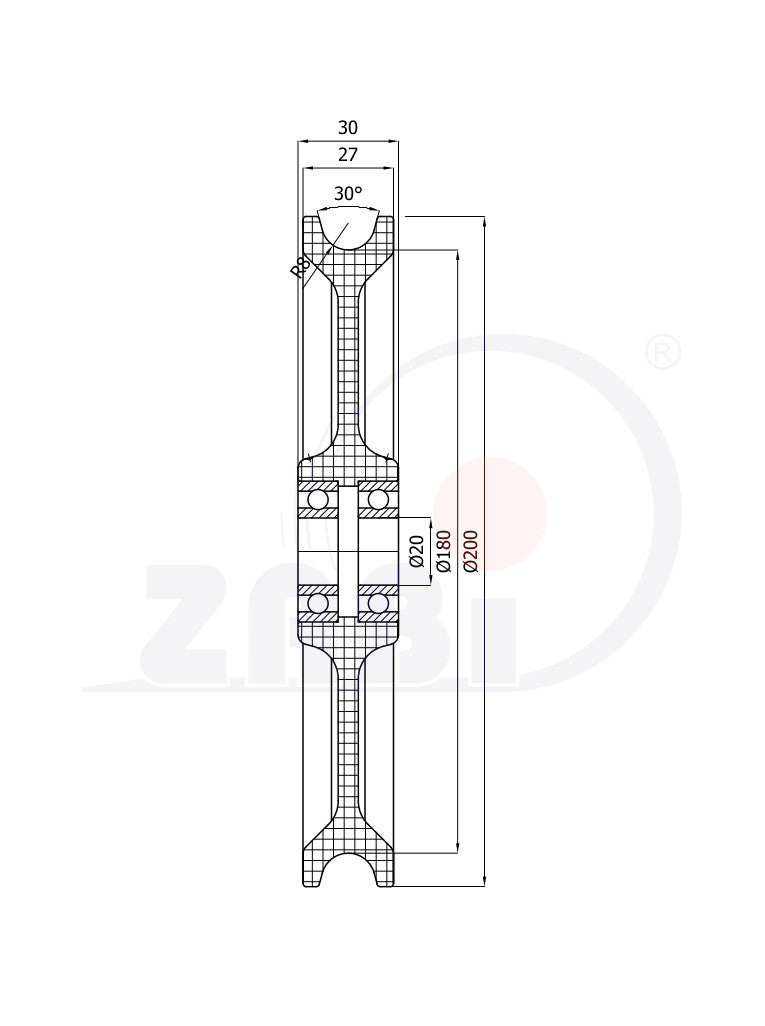 Rolka poliamidowa na linkę ø16 mm 200 mm z łożyskiem C200/16Ł/20, rysunek techniczny z wymiarami