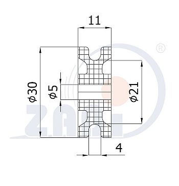 Rolka poliamidowa na linkę ø4 mm 30 mm bez łożysk C30/4, rysunek techniczny z wymiarami