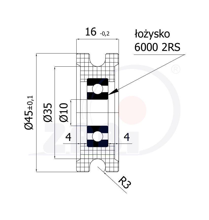 Rolka poliamidowa na linkę ø6 mm 45 mm z łożyskiem C45/6Ł, rysunek techniczny z wymiarami