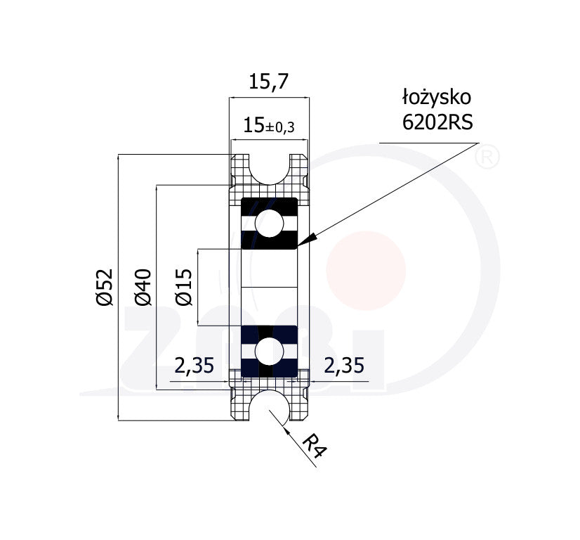Rolka poliamidowa na linkę ø8 mm 52 mm z łożyskiem C52/8Ł/15, rysunek techniczny z wymiarami