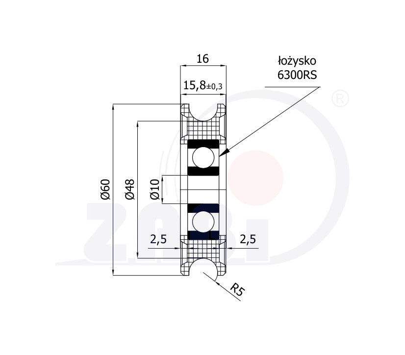 Rolka poliamidowa na linkę ø10 mm 60 mm z łożyskiem C60/10Ł, rysunek techniczny z wymiarami
