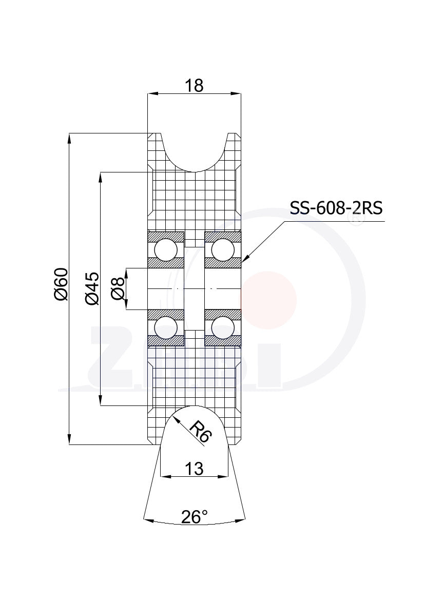 Rolka poliamidowa na linkę ø12 mm 60 mm z łożyskiem C60/18/12ŁX/8, rysunek techniczny z wymiarami
