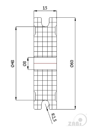 Rolka poliamidowa na linkę ø5 mm 60 mm bez łożysk C60/5/8, rysunek techniczny z wymiarami