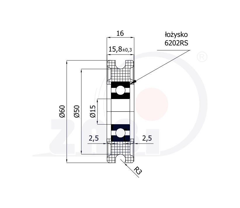 Rolka poliamidowa na linkę ø6 mm 60 mm z łożyskiem C60/6Ł/15, rysunek techniczny z wymiarami