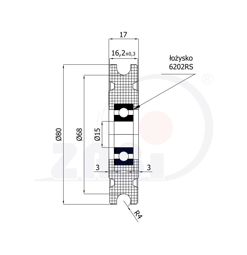 Rolka poliamidowa na linkę ø8 mm 80 mm z łożyskiem C80/8Ł/15, rysunek techniczny z wymiarami