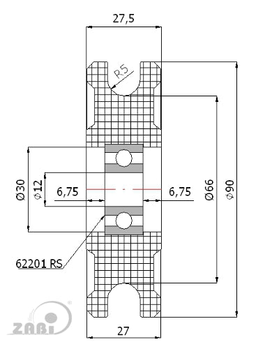 Rolka poliamidowa na linkę ø10 mm 90 mm z łożyskiem C90/10Ł, rysunek techniczny z wymiarami