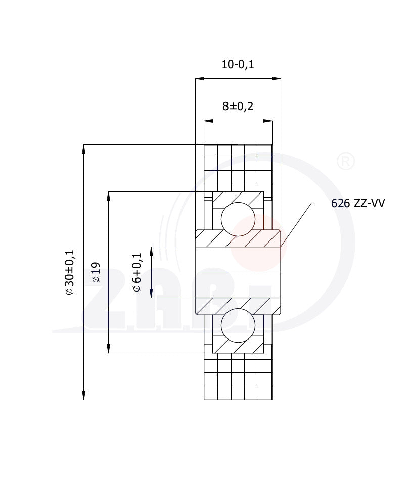Rolka poliamidowa 30 mm otwór 6 mm z łożyskiem R-30-8-10/6, rysunek techniczny z wymiarami