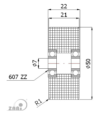 Rolka poliamidowa podwójnie łożyskowana 50 mm R-50-22/7, rysunek techniczny z wymiarami
