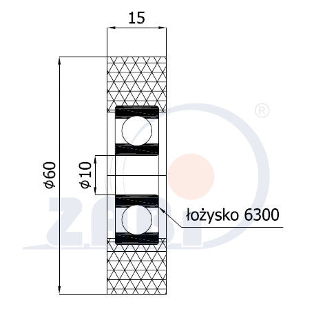 Rolka poliamidowa 60 mm otwór 10 mm z łożyskiem R-60-15/10, rysunek techniczny z wymiarami