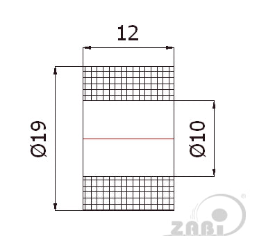 Rolka poliamidowa 19 mm otwór 10 mm bez łożysk RB-19-12/10, rysunek techniczny z wymiarami