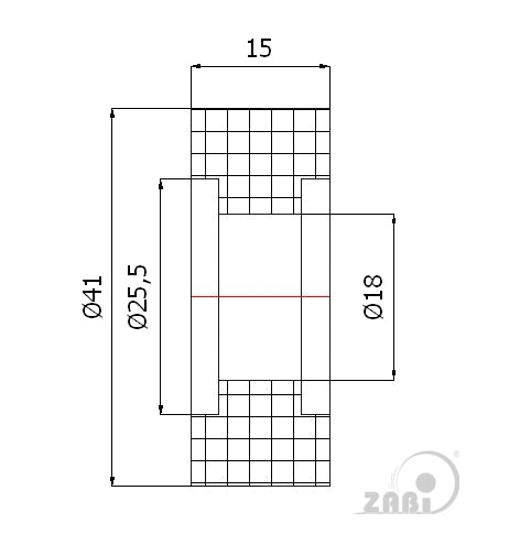 Rolka poliamidowa 41 mm otwór 18 mm bez łożysk RB-41-15/18, rysunek techniczny z wymiarami