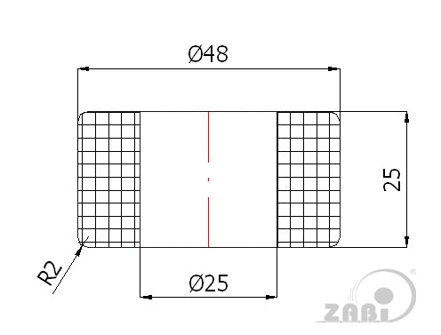 Rolka poliamidowa 48 mm otwór 25 mm bez łożysk RB-48-25/25, rysunek techniczny z wymiarami