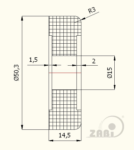 Rolka poliamidowa 50,3 mm do bramy bez łożysk RB-50,3, rysunek techniczny z wymiarami